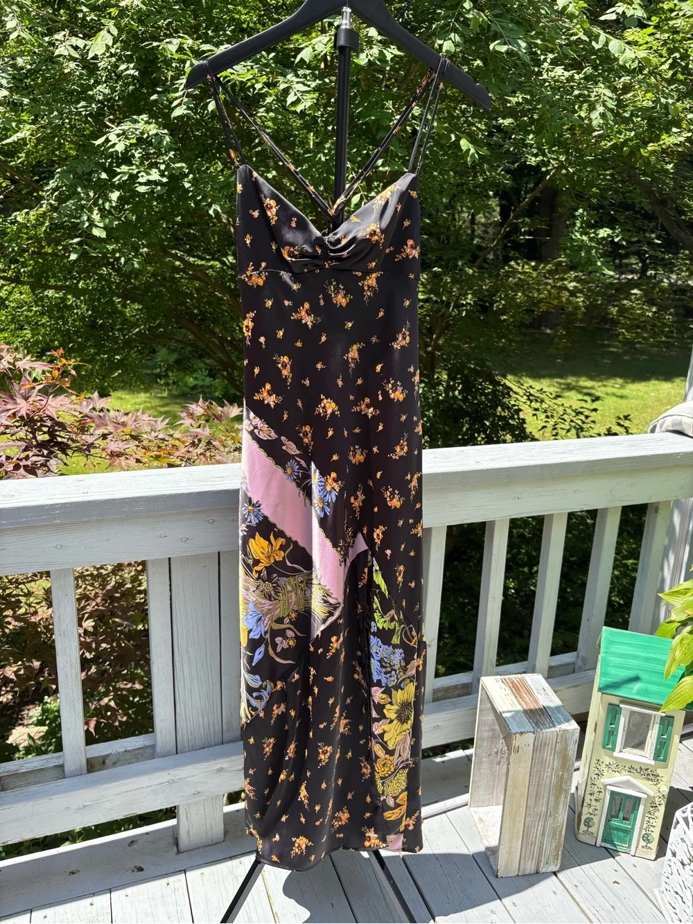 Urban Outfitters Black Floral Slip Dress with Pink Diagonal Panel